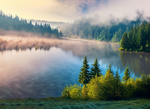 Misty morning scene of Lacu Rosu lake. Foggy summer sunrise in Harghita County, Romania, Europe. AI generated image