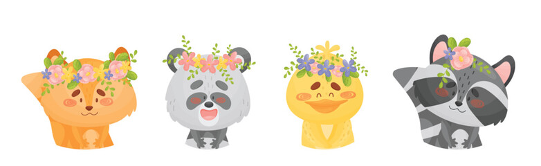 Cartoon Animals with Flower Decoration on Their Heads Vector Set