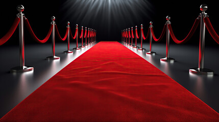 Red carpet with barriers and red ropes. Generative Ai