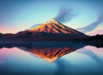 Volcanic mountain in morning light reflected in calm waters of lake. AI generated image