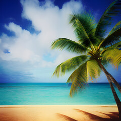 Fototapeta na wymiar A beautiful landscape, sea sun, beach, and palm trees. Generative AI