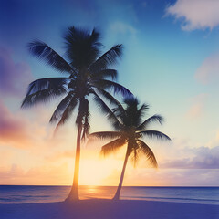 A beautiful landscape, sea sun, beach, and palm trees. Generative AI