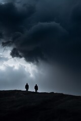 Two People Trekking through Dramatic Mountain Landscape during Stormy Weather, AI Generative