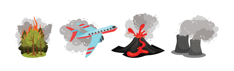 Air Pollution Sources with Industrial Fume and Toxic Waste Emission Vector Scene Set