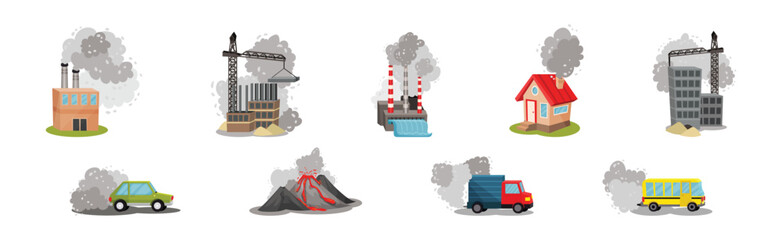 Naklejka premium Air Pollution Sources with Industrial Fume and Toxic Waste Emission Vector Scene Set