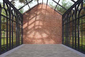Industrial loft style transparent empty room interior with blank brick wall for copy space 3d render, There are glass walls with arch shape window frame, overlooking green garden, sunlight into room.