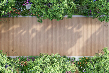 Top view of modern contemporary style empty wooden terrace in colorful flower garden 3d render sunlight to floor - obrazy, fototapety, plakaty