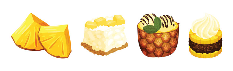 Pineapple Fruit Dessert with Whipped Cream Vector Set