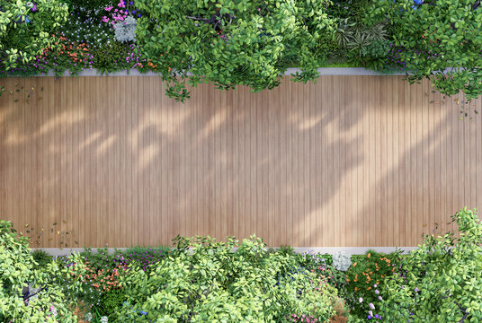 Top view of modern contemporary style empty wooden terrace in colorful flower garden 3d render sunlight to floor