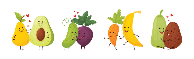 Cute Fruit and Vegetable Couples Feeling Love and Passion Vector Set