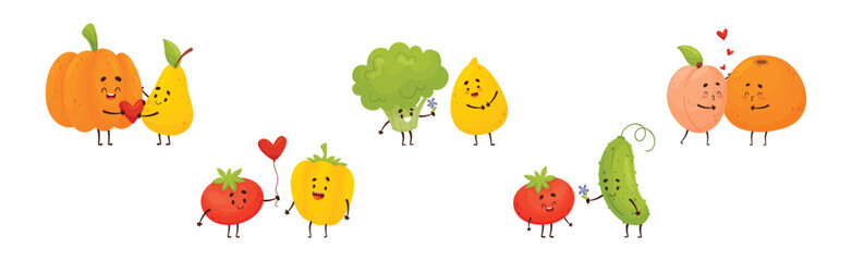 Cute Fruit and Vegetable Couples Feeling Love and Passion Vector Set