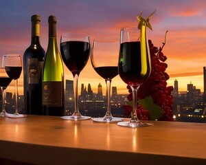 A wine glass and a wine bottle set against a city skyline at night