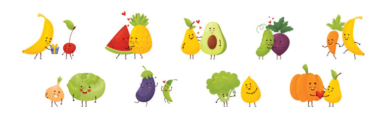 Cute Fruit and Vegetable Couples Feeling Love and Passion Vector Set