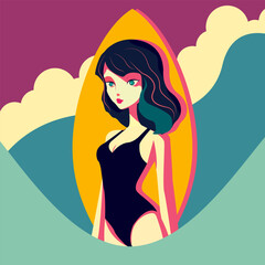 Vector illustration in flat cartoon style. Young pretty sexy girl in a swimsuit with a surfboard. Summer season, fun active seasonal entertainment.
