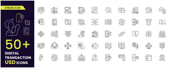 Digital Transaction, Online banking   line icons set: deposit app, money safety, internet bank, contactless payment, credit card, online transaction, mobile support, Editable stroke, USD currency.