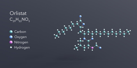 orlistat molecule 3d rendering, flat molecular structure with chemical formula and atoms color coding