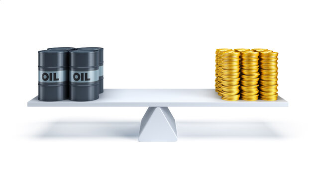 black oil barrels and money counterbalance each other on the scales