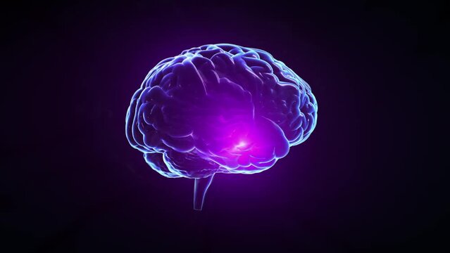 Zoom in from Beautiful Blue Female Eye Blinking to a Black Pupil Opening. Travel Inside the Eye to a rotating Brain with electric Impulses. Futuristic Science Animation.
