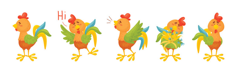 Rooster Funny Character with Bright Feathers Engaged in Different Activity Vector Set