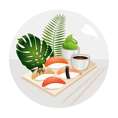 Sushi poster with nigiri and tropical plants. Vector illustration.