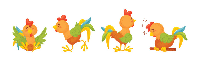 Rooster Funny Character with Bright Feathers Engaged in Different Activity Vector Set