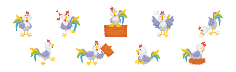 Rooster Funny Character with Bright Feathers Engaged in Different Activity Vector Set