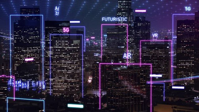 
Aerial view of Smart City Skyline with Futuristic Neon Style Technological Concepts, Lines and Dots Network Connections and Big Data Connections. Metaverse.