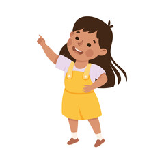 Smiling Girl Character Pointing at Something with Her Finger Vector Illustration