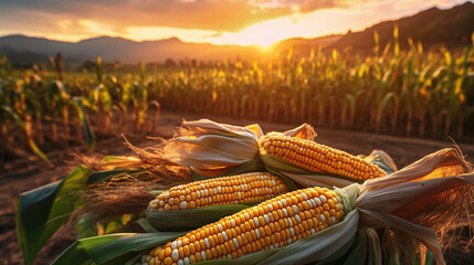 Corn cobs in corn plantation field with sunrise background. Generative Ai - obrazy, fototapety, plakaty