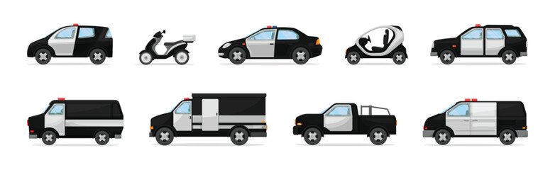 Police Car or Radio Motor Patrol Vehicle with Siren Vector Set