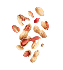Tasty crushed peanuts in the air isolated on a white background