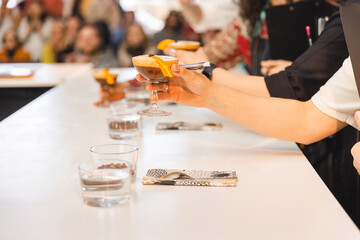 Glasses of coffee drinks.