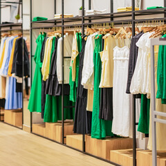 Close-up of hangers with casual youth clothing for sale in store, seasonal sale. Fashion choice