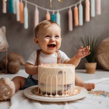 A cute baby celebrating his birthday infront of a birthday cake ai, ai generative, illustration
