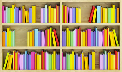 bookcase with multicolored books, 3d render