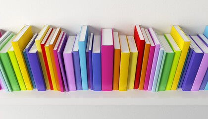 shelf with multicolored books, 3d render