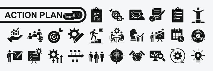 Action plan icon set. Containing planning, schedule, strategy, analysis, tasks, goal, collaboration and objective icons. Solid icon collection.