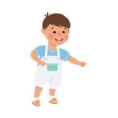 Smiling Boy Character Pointing at Something with His Finger Vector Illustration