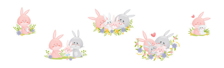Rabbit Family with Bunny Mom and Dad Loving Their Cub Vector Set