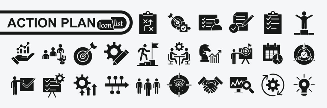 Action plan icon set. Containing planning, schedule, strategy, analysis, tasks, goal, collaboration and objective icons. Solid icon collection.