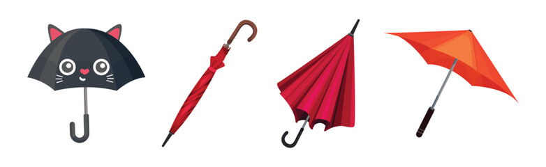 Colorful Umbrella as Waterproof Protective Accessory for Rainy Weather Vector Set