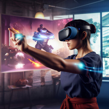 Asian Woman's Virtual Reality Gaming Experience Poster Generative Ai image