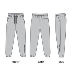 Sweatpants template front, back and side. Technical drawing of sports trousers with drawstring and pockets, grey. Sketch of joggers with pockets in casual style, vector.