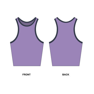 Vector illustration of trendy t-shirt in purple color. Technical sketch of a cropped sleeveless shirt. Summer jersey crop top template, front and back view.