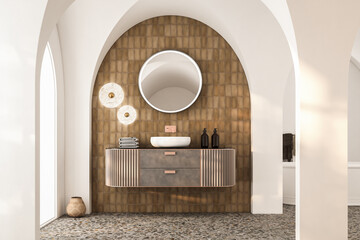 Modern luxury bathroom, ceramic tiles and white walls, bathtub, terrazzo floor, towels, front view. Beautiful room with modern furniture and window. 3d rendering