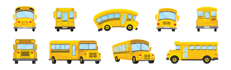 Yellow School Bus Used for Transporting Students Vector Set