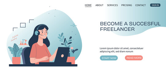 Work at home concept design. Freelance woman working on laptop at her house, dressed in home clothes. Vector illustration isolated on white background. Online study, education.