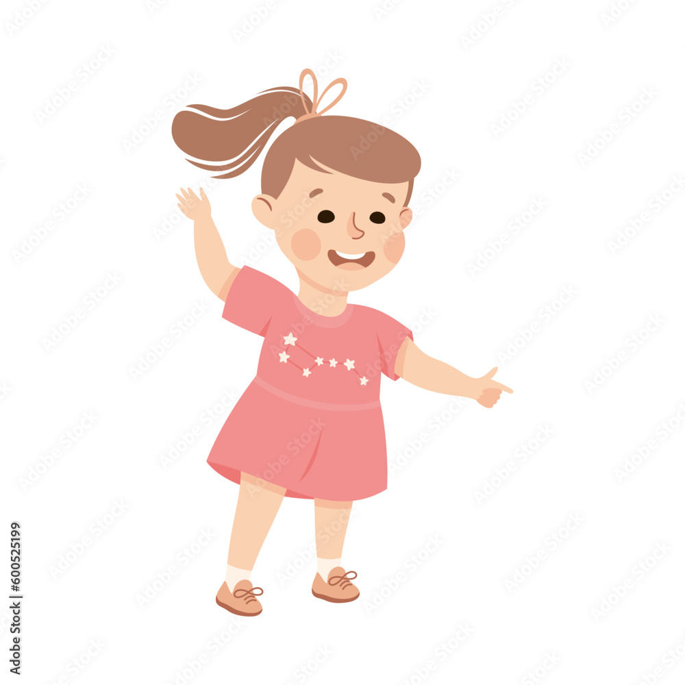 Sticker Funny Little Girl Character Pointing at Something with Her Finger Vector Illustration