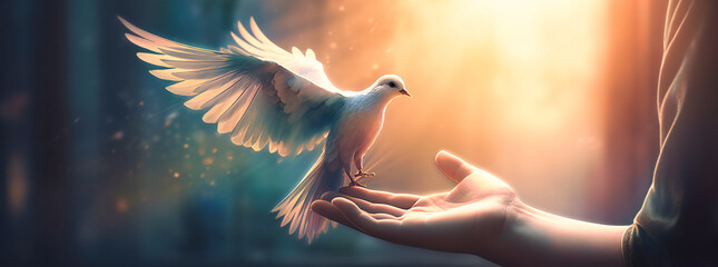 a dove flying in front of a woman's hand