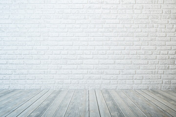 empty room with white brick wall and wooden floor